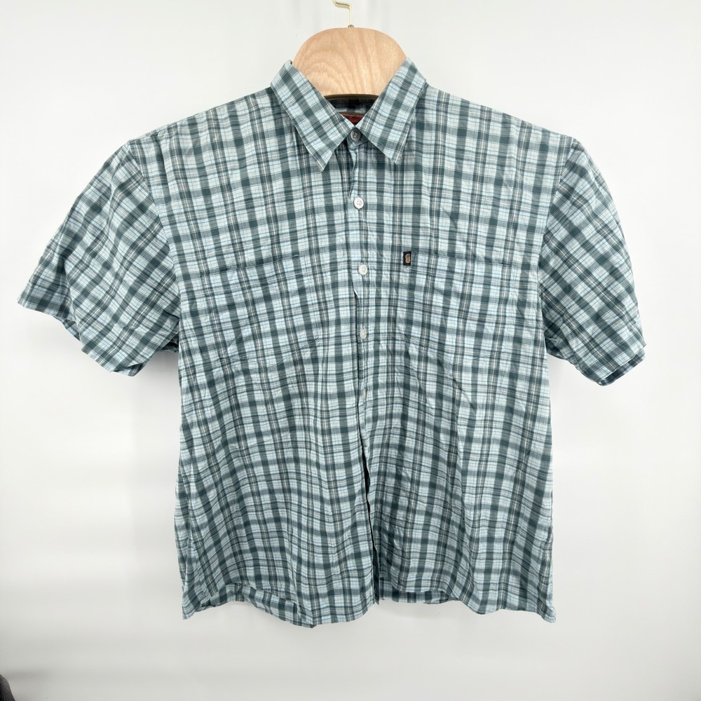 Pineapple Connection Button Up Shirt Mens Medium Teal Blue Plaid Short Sleeve